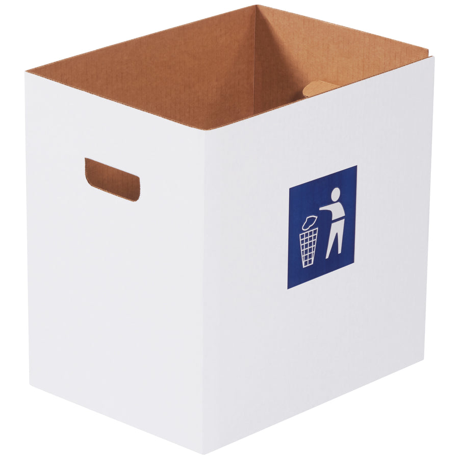 Durable 7 gallon corrugated waste containers built from 200# ECT-32 singlewall corrugated material for reliable performance in high-volume events and facilities. Features self-locking bottom flaps, hand holes for easy transport, and ships flat to maximize storage efficiency. Bundle of 20 units optimizes freight costs and reduces per-unit pricing for bulk operations.