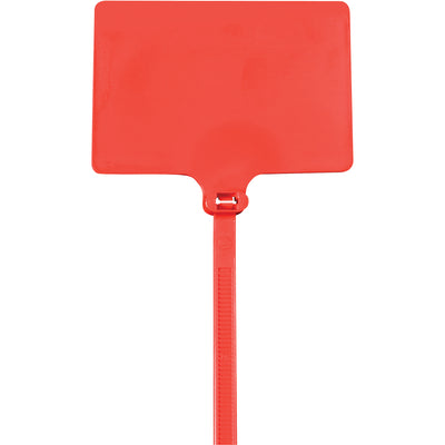 Industrial-grade 6" red identification cable ties with 120 lb tensile strength and a large 2 x 3" writing area for equipment labeling. Self-locking seal provides tamper-evident security for inventory tracking and color-coded organization. Sold by the case of 100 units.