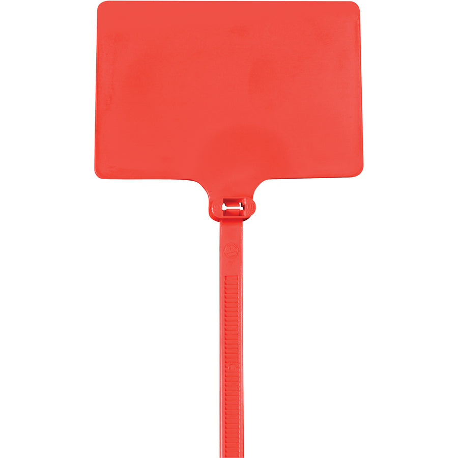 Industrial-grade 6" red identification cable ties with 120 lb tensile strength and a large 2 x 3" writing area for equipment labeling. Self-locking seal provides tamper-evident security for inventory tracking and color-coded organization. Sold by the case of 100 units.