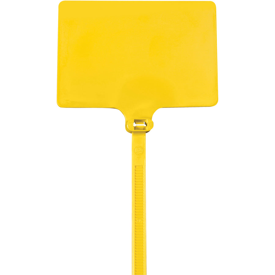 Industrial-grade 9" yellow identification cable ties engineered for large equipment labeling and inventory color coding. Each tie features a 2x3" writing area and self-locking, tamper-evident seal for compliance and durability. Case of 100 ties with 120lb tensile strength.