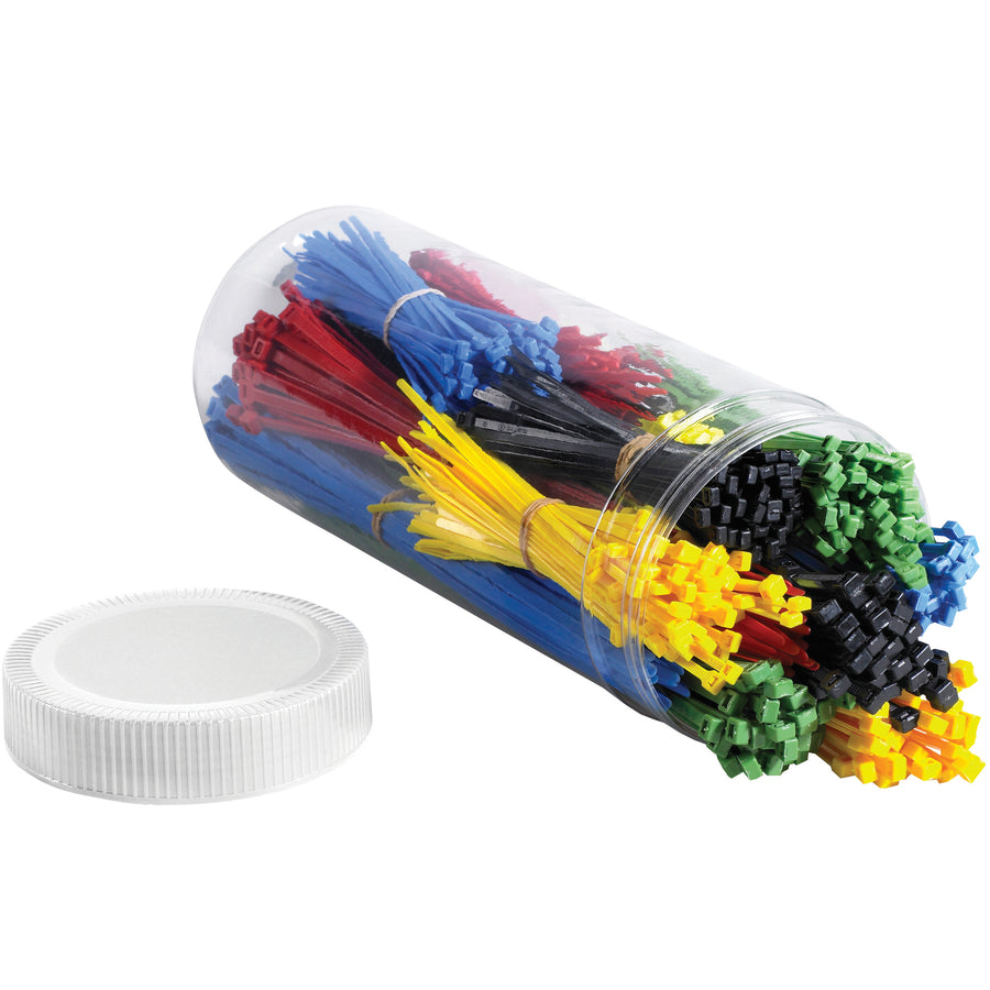 Complete assorted cable tie kit delivers 1000 nylon ties in black, blue, green, red, and yellow across three sizes (5.5", 8", and 11") with 40-50 lb tensile strength. Perfect for bundling, shipping, and storage applications in manufacturing and logistics environments. One case provides everything you need without reordering multiple SKUs.
