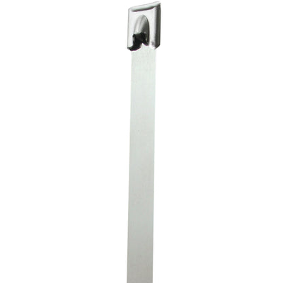 Corrosion-resistant 20" stainless steel cable ties rated for 150 lbs tensile strength with self-locking design. Perfect for harsh outdoor environments, food processing, hospitals, and automotive applications. Sold by the case of 100 units for maximum value and reliable bundling.