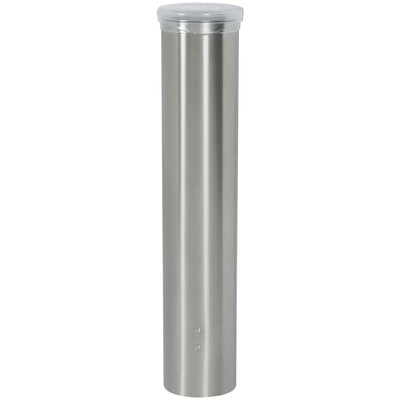Self-adjusting stainless steel cone cup dispenser engineered for food service operations and water cooler stations. Accommodates 2.25-2.875" rim diameters with durable 16" x 3" form factor. Includes universal mounting bracket for instant installation on flat surfaces.