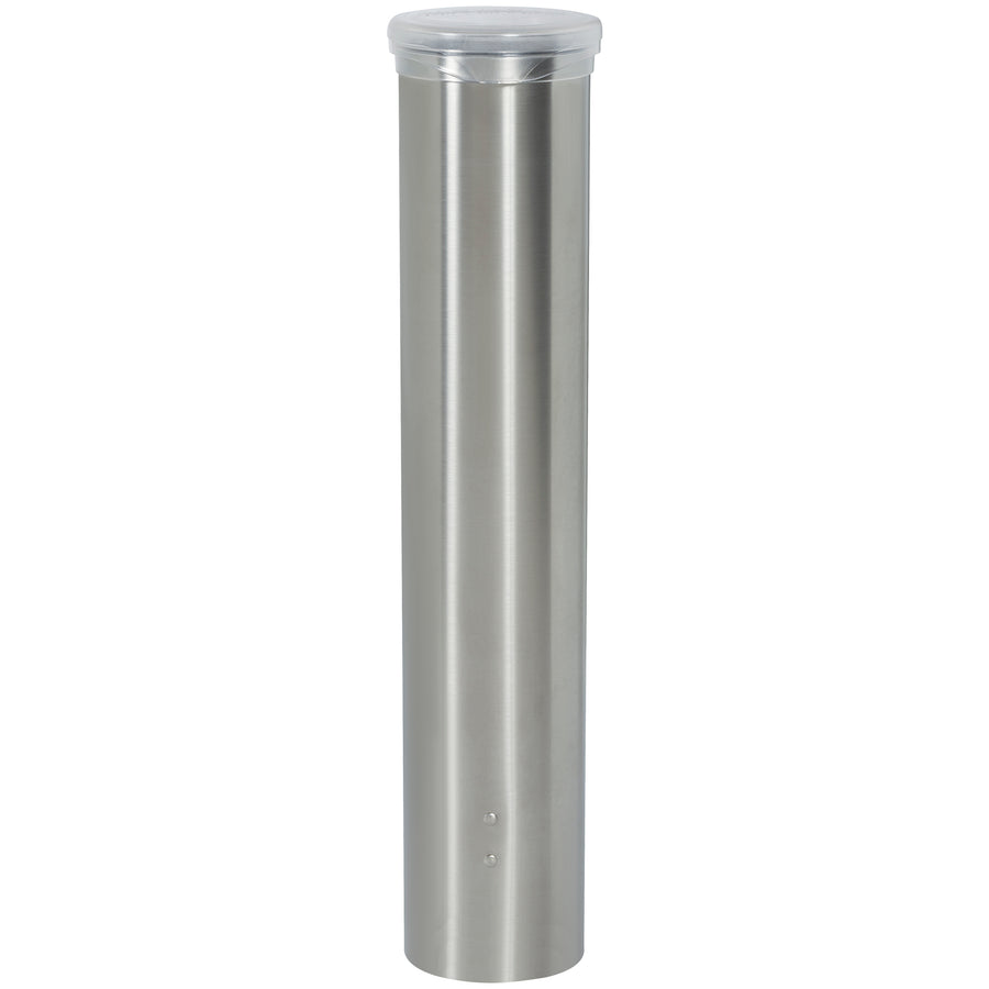 Self-adjusting stainless steel cone cup dispenser engineered for food service operations and water cooler stations. Accommodates 2.25-2.875" rim diameters with durable 16" x 3" form factor. Includes universal mounting bracket for instant installation on flat surfaces.