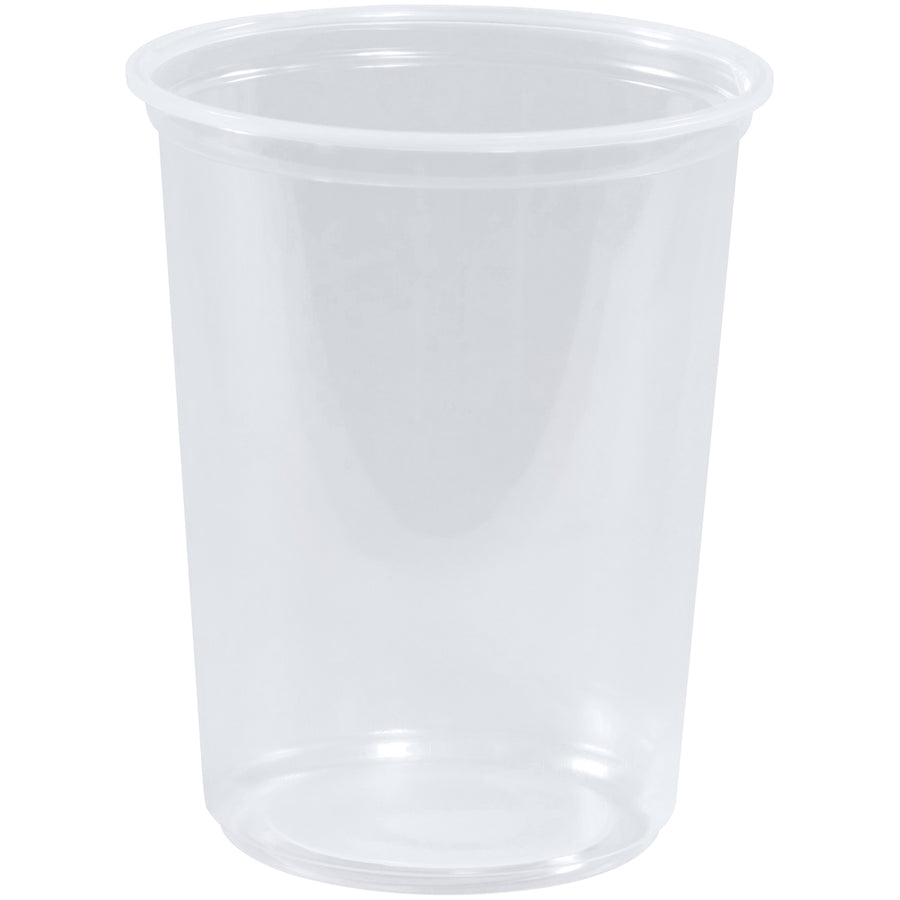 Clear polypropylene deli containers sized 4.5"  5.5" with 500 units per case. Microwave-safe and shatter-resistant for secure food transport and storage. Maximize your prep efficiency with stackable, durable food containers that nest compactly in your warehouse.