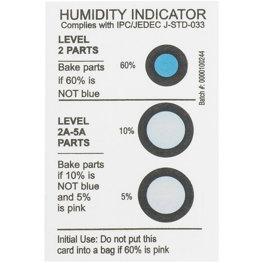 Monitor critical humidity levels with precision color-changing indicators. These 2x3" paper-based humidity indicators transition from blue to pink as moisture increases, providing instant visual confirmation of environmental conditions. Sold as a case of 125 units for comprehensive shipment and storage monitoring.
