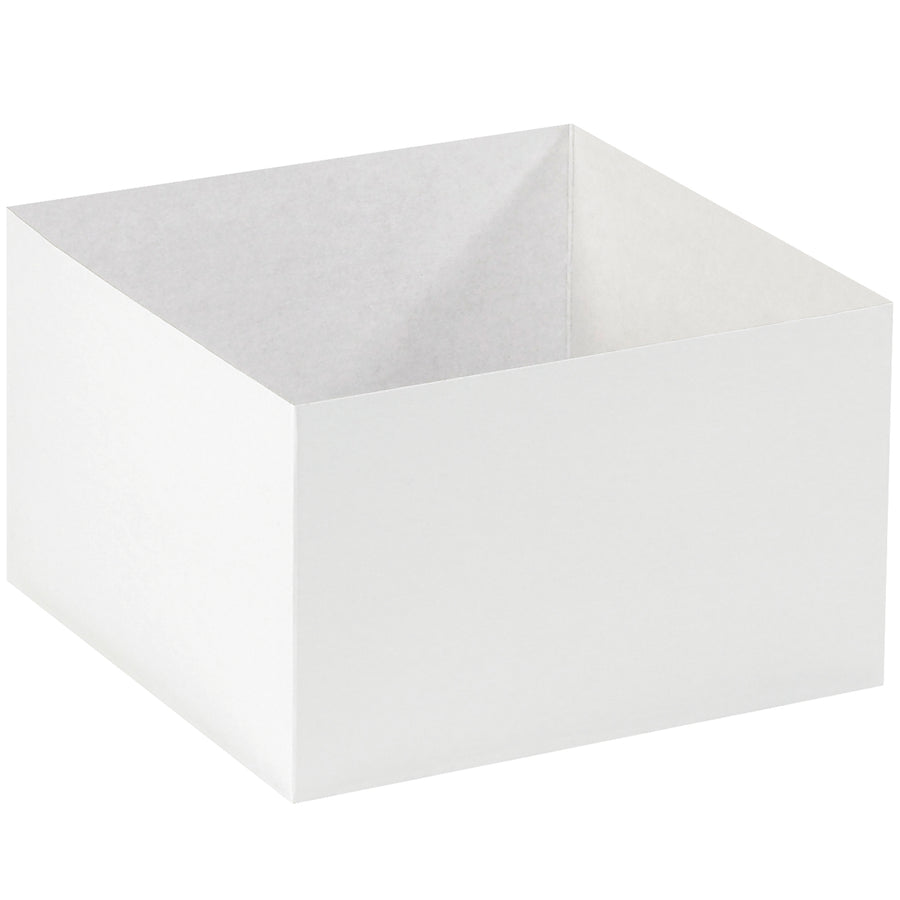 Premium 10x10x6 white chipboard box bottoms deliver upscale presentation for retail and gifting. Ships flat and folds quickly–case of 50 units ready to pair with compatible rigid lids. High-gloss finish with white interior maximizes visual impact while keeping costs efficient.