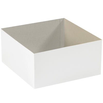 Professional white chipboard box bottoms deliver premium gift presentation with high-gloss finish and elegant design. Each case contains 50 units of 12" x 12" x 6" fibreboard bottoms that ship flat and fold quickly for efficient storage and assembly. Compatible with pre-assembled rigid lids (sold separately) and feature white interior for refined product display.