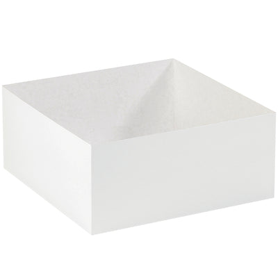 Premium white chipboard carton bottoms deliver upscale gift box presentation with practical flat-ship design. High-gloss finish and white interior enhance product appeal. Case includes 50 14x14x6 boxes that fold together in seconds–no assembly delays.