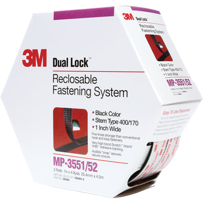 Heavy-duty 3M Dual Lock fasteners deliver hundreds of reclosable closures with rigid plastic stems that interlock securely. This 1" x 15' black mini-pack (2 rolls per case of 5) features acrylic adhesive backing for permanent bonding to metals, glass, vinyl, and plastics. Indoor/outdoor rated to 200¬∞F with excellent UV, moisture, and solvent resistance.