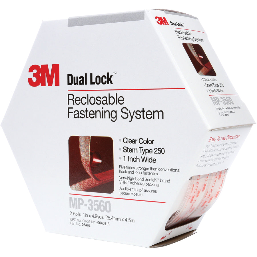 Engineered for industrial applications requiring hundreds of reusable closures, this 3M Dual Lock reclosable fastener system features rigid polypropylene stems that interlock securely without permanent bonding. 4.9-yard capacity (15 feet total) across 2 rolls per mini pack; acrylic adhesive bonds reliably to metals, glass, vinyls, and plastics with excellent UV and moisture resistance up to 200¬∞F.