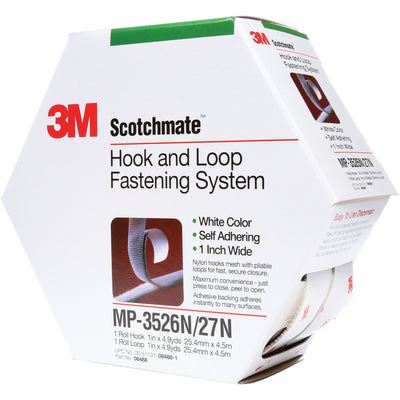 Mini-pack Scotchmate‚Ñ¢ hook and loop fasteners sized for low-volume, small applications on your packing line. Each case delivers 5 combo packs of 1" x 15' white nylon tape with high-performance rubber adhesive that grips cardboard, metal, glass, sealed wood, and plastics reliably. Medium temperature rated for standard indoor warehouse and production environments.