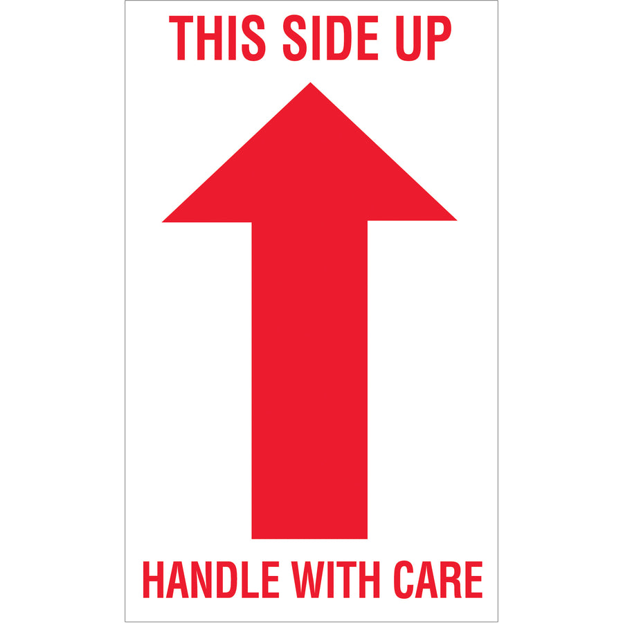 High-visibility 3x5" This Side Up arrow labels printed on durable semi-gloss coated paper. Each roll contains 500 labels ready for immediate application to cartons and packages. Designed for shipping coordinators who need reliable directional marking and handling compliance across domestic and international shipments.