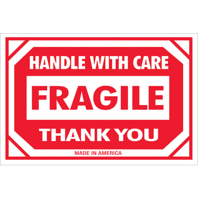 Professional 2" x 3" fragile shipping labels that demand carrier and handler attention. Printed on durable semi-gloss coated paper with bold red and white three-color design. Sold as 500-label roll‚the standard pack size for shipping coordinators managing frequent fragile shipments.
