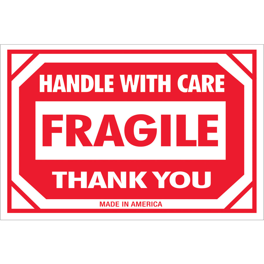 Professional 2" x 3" fragile shipping labels that demand carrier and handler attention. Printed on durable semi-gloss coated paper with bold red and white three-color design. Sold as 500-label roll‚the standard pack size for shipping coordinators managing frequent fragile shipments.