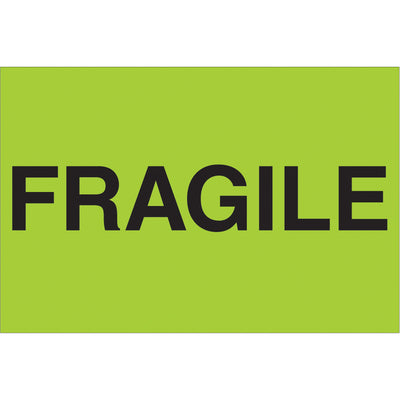 High-visibility fluorescent green fragile shipping labels that command attention in any warehouse or distribution center. These 2" x 3" semi-gloss coated labels are printed with bold, three-color design to ensure handlers immediately recognize delicate contents. Roll of 500 labels for seamless integration with standard dispensers.