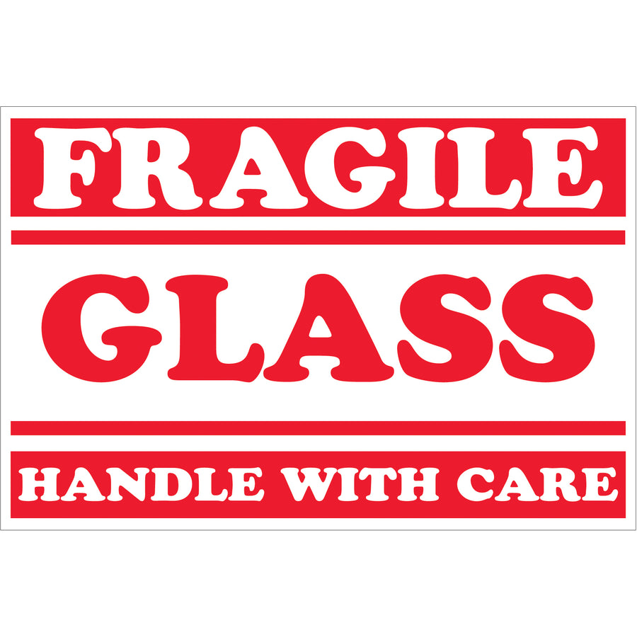 Bright red-and-white 2x3" fragile glass labels ensure immediate handler recognition and shipment protection. Printed on durable semi-gloss coated paper for professional appearance and lasting adhesion. Sold as convenient rolls of 500 labels‚compatible with popular tabletop and wall-mount dispensers.