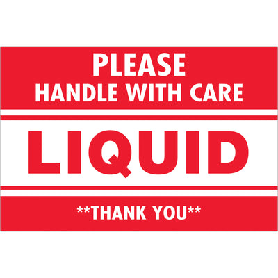 Bright red "Please Handle With Care - Liquid" labels (2x3") on semi-gloss coated paper ensure immediate visibility and regulatory compliance. Roll of 500 labels with tabletop and wall-mount dispenser compatibility. Professional appearance for every fragile shipment.