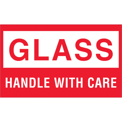 High-visibility 3x5" Glass Handle With Care labels printed on durable semi-gloss coated paper. Bold red and white design ensures immediate recognition of fragile glass and liquid shipments. Roll of 500 labels with compatible tabletop and wall-mount dispensers available for seamless warehouse integration.