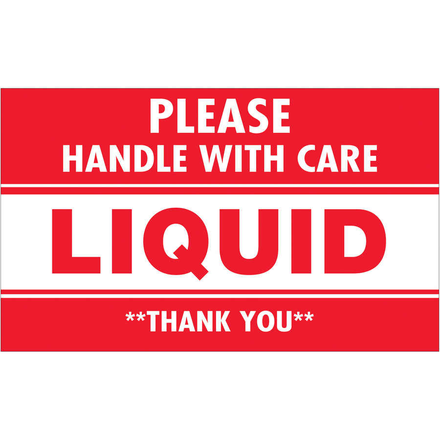 Professional 3x5" "Please Handle With Care - Liquid" shipping labels printed on durable semi-gloss coated paper. Bright red text ensures maximum visibility and compliance for glass and liquid shipments. Sold as 500-label roll with compatible dispensers available for tabletop or wall-mount application.