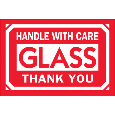 Professional 2x3" glass handling labels printed on durable semi-gloss coated paper. Bright red and white design ensures immediate visibility and regulatory compliance for fragile shipments. Roll of 500 labels per unit with compatible dispensers available.