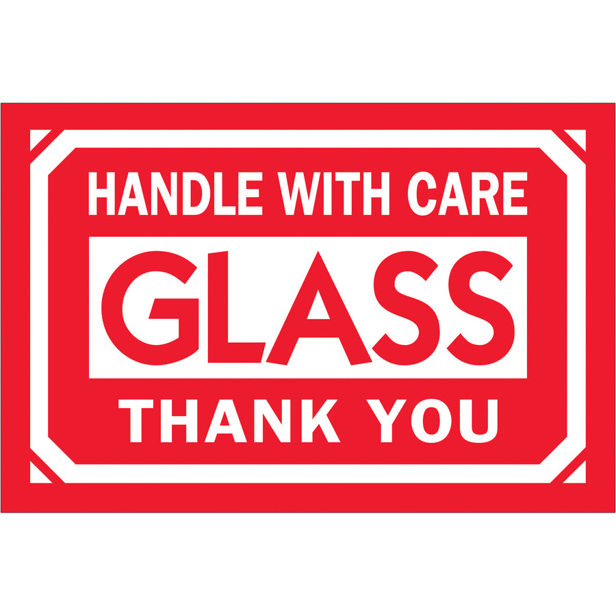 Professional 2x3" glass handling labels printed on durable semi-gloss coated paper. Bright red and white design ensures immediate visibility and regulatory compliance for fragile shipments. Roll of 500 labels per unit with compatible dispensers available.