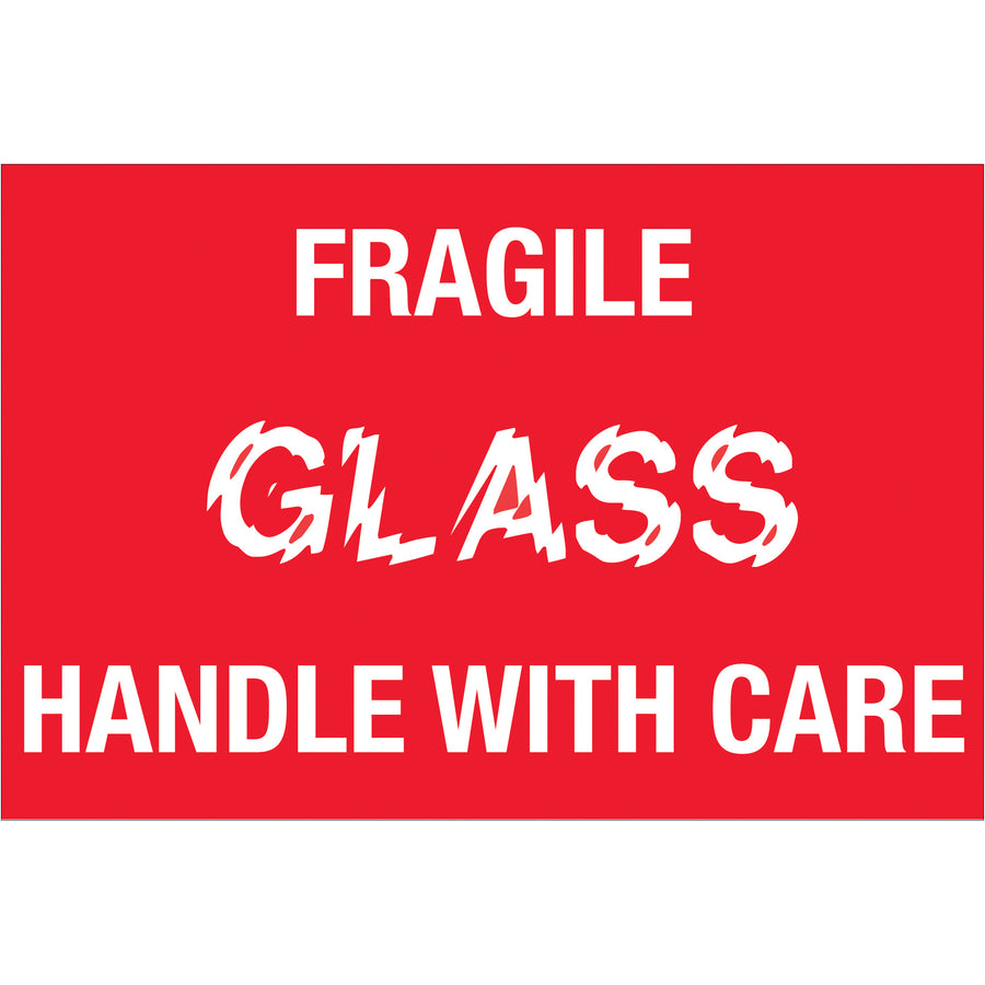 Instantly identify fragile glass and liquid shipments with bold red 2x3" warning labels printed on durable semi-gloss coated paper. Each roll contains 500 labels, delivering professional appearance and regulatory compliance for high-volume shipping operations. Compatible with tabletop and wall-mount dispensers for streamlined warehouse workflows.
