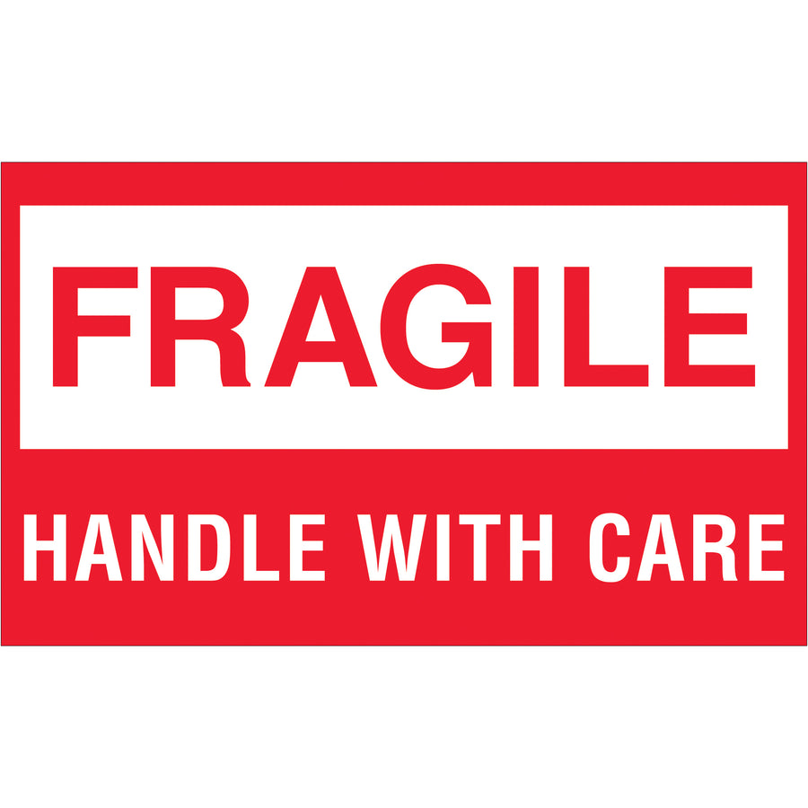 High-visibility 3x5" fragile labels printed on semi-gloss coated paper demand immediate handler attention. 500 labels per roll with bold red and white color contrast for maximum compliance recognition. Compatible with multiple tabletop and wall-mount dispensers for seamless warehouse integration.