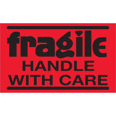 Make fragile shipments impossible to miss with these 3" x 5" fluorescent red labels printed on durable semi-gloss coated paper. Each roll of 500 features bold black "Handle With Care" text that meets shipping compliance requirements. Compatible with Packrift table-top and wall-mount label dispensers for efficient shipping workflows.