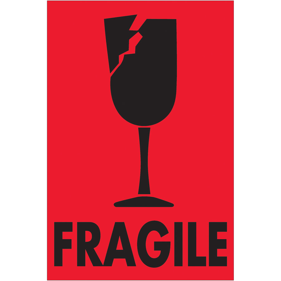 Get immediate carrier attention with these bright fluorescent red fragile labels. Each 2x3" semi-gloss label features bold black text and high visibility to prevent mishandling. Pack of 500 labels per roll‚perfect for shipping coordinators managing high-volume fragile items.