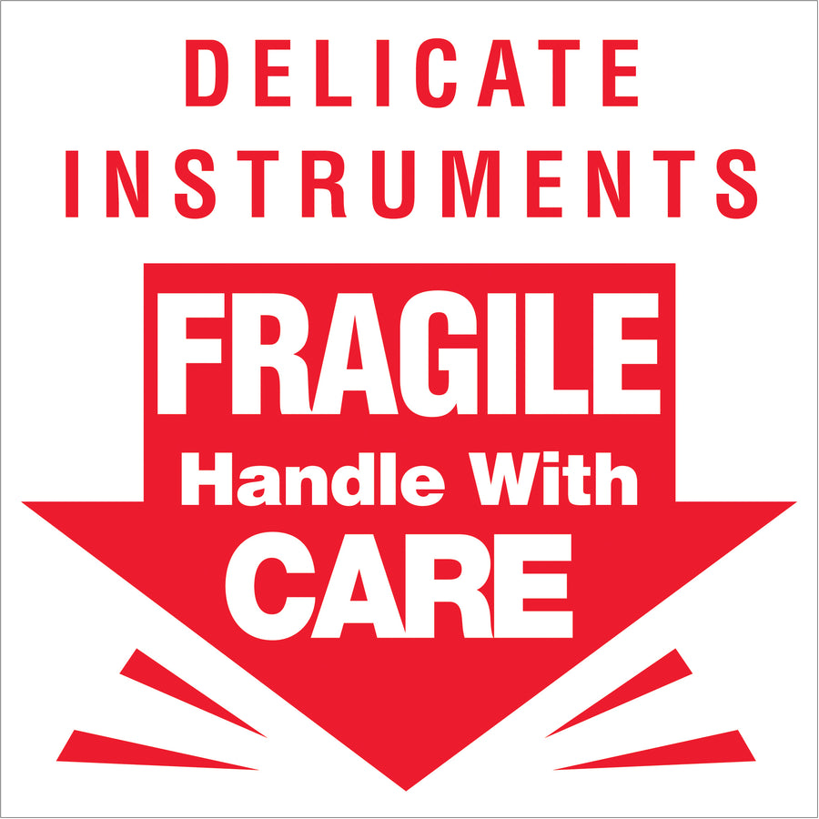 Protect sensitive shipments with these high-visibility 3x3" Delicate Instruments Fragile labels printed on durable semi-gloss coated paper. Each roll contains 500 labels designed to instantly alert handlers to fragile contents. Compatible with tabletop and wall-mount dispensers for efficient warehouse workflows.
