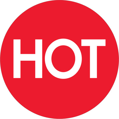 High-gloss fluorescent red 2" circle labels instantly communicate critical handling instructions to shippers and handlers. Printed in solid black with clear "Hot" designation, these semi-gloss coated paper labels ensure maximum visibility on cartons in transit. Sold as rolls of 500 with compatible tabletop and wall-mount dispensers available.