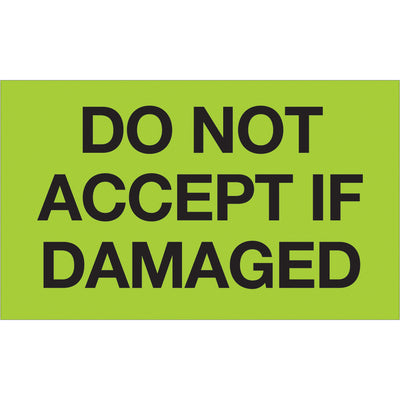 Internationally recognized 3x5 fluorescent green "Do Not Accept If Damaged" labels printed on semi-gloss coated paper. Each roll contains 500 labels designed for maximum visibility during shipping and receiving operations. Compatible with tabletop and wall-mount label dispensers for seamless warehouse integration.