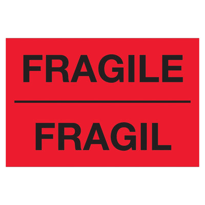 3x5 Fluorescent Red Bilingual Fragile Labels Semi-Gloss 500/Roll DL1091 - alias listing