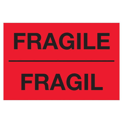 3x5 Fluorescent Red Bilingual Fragile Labels Semi-Gloss 500/Roll DL1091 - alias listing