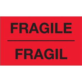 Fluorescent red bilingual "Fragile" labels with bold white text that immediately grab handler attention on high-volume shipments. 3" x 5" semi-gloss coated paper construction in rolls of 500 ensures consistent application across your warehouse operations. Available for tabletop and wall-mount dispensers to integrate seamlessly into your fulfillment workflow.