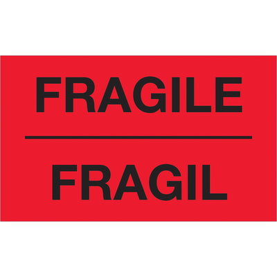 Fluorescent red bilingual "Fragile" labels with bold white text that immediately grab handler attention on high-volume shipments. 3" x 5" semi-gloss coated paper construction in rolls of 500 ensures consistent application across your warehouse operations. Available for tabletop and wall-mount dispensers to integrate seamlessly into your fulfillment workflow.