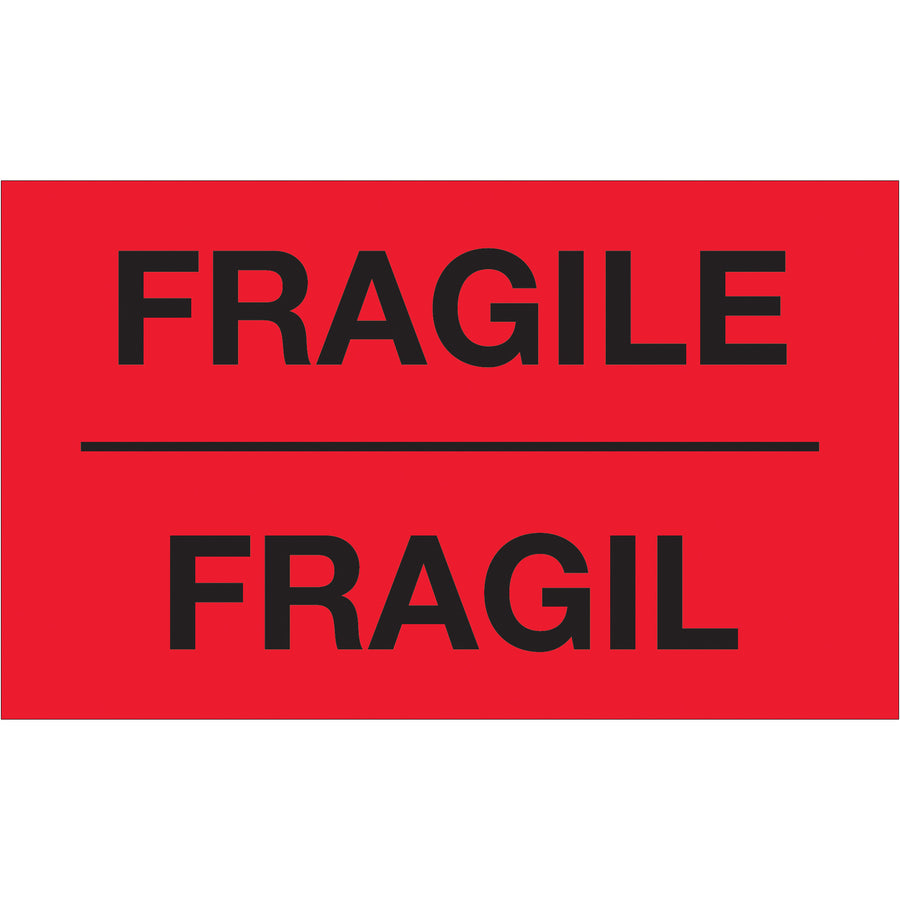 Fluorescent red bilingual "Fragile" labels with bold white text that immediately grab handler attention on high-volume shipments. 3" x 5" semi-gloss coated paper construction in rolls of 500 ensures consistent application across your warehouse operations. Available for tabletop and wall-mount dispensers to integrate seamlessly into your fulfillment workflow.