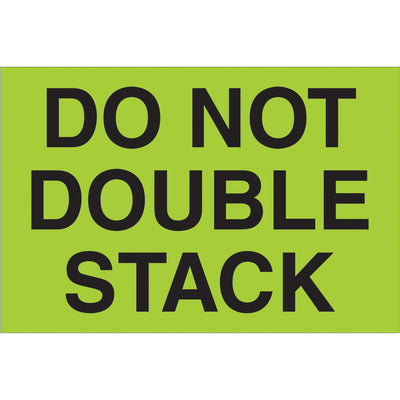 High-visibility fluorescent green "Do Not Double Stack" warning labels protect shipments from handling damage. 2" x 3" semi-gloss coated paper, 500 labels per roll. Internationally recognized special handling compliance for shipping coordinators managing critical freight.