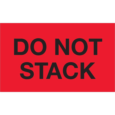 Internationally recognized 3x5" Do Not Stack labels in high-visibility fluorescent red. Printed on durable semi-gloss coated paper and sold as a convenient 500-label roll. Essential special handling labels for shipping coordinators managing fragile freight across multiple countries.
