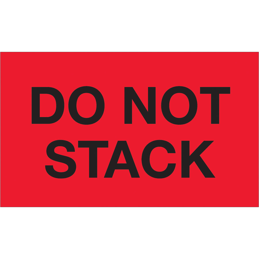 Internationally recognized 3x5" Do Not Stack labels in high-visibility fluorescent red. Printed on durable semi-gloss coated paper and sold as a convenient 500-label roll. Essential special handling labels for shipping coordinators managing fragile freight across multiple countries.