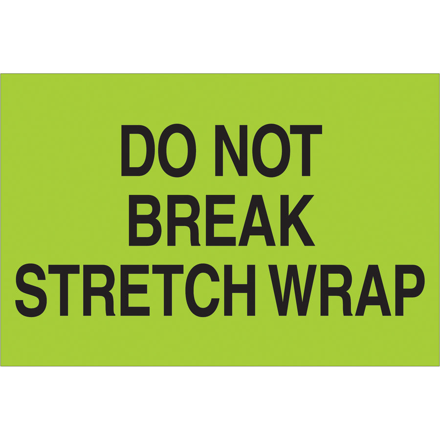 High-visibility fluorescent green "Do Not Break" shipping labels in 2" x 3" format, printed on durable semi-gloss coated paper. Sold as rolls of 500 labels. Internationally recognized for special handling compliance and international shipment identification. Compatible with tabletop and wall-mount dispensers for warehouse and shipping department efficiency.