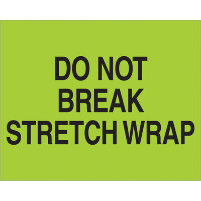 High-visibility "Do Not Break" pallet protection labels that meet international shipping standards. 8" x 10" fluorescent green semi-gloss paper, 250 labels per roll. Instantly recognized in multiple countries to ensure proper handling compliance throughout your supply chain.