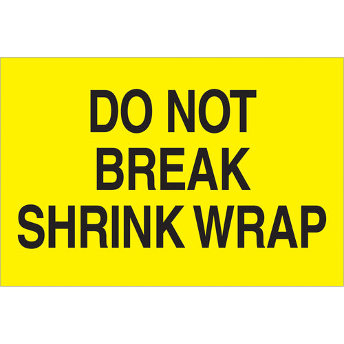 High-visibility fluorescent yellow Do Not Break shrink wrap labels sized 2