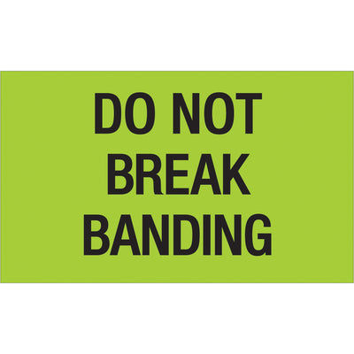 High-visibility 3x5" Do Not Break Banding labels printed on durable semi-gloss coated paper in fluorescent green. Internationally recognized compliance marking ensures your shipments are handled with care across borders. Each roll contains 500 labels‚ideal for busy logistics operations.