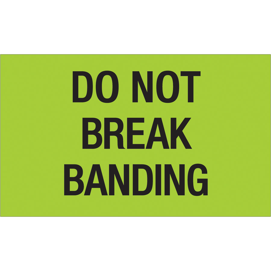 High-visibility 3x5" Do Not Break Banding labels printed on durable semi-gloss coated paper in fluorescent green. Internationally recognized compliance marking ensures your shipments are handled with care across borders. Each roll contains 500 labels–ideal for busy logistics operations.