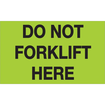 Fluorescent green 3x5" Do Not Forklift Here labels ensure visibility and compliance across domestic and international shipments. Semi-gloss coated paper construction delivers durability and legibility in warehouses, fulfillment centers, and loading docks. Roll of 500 labels‚stock up with compatible tabletop or wall-mount dispensers.