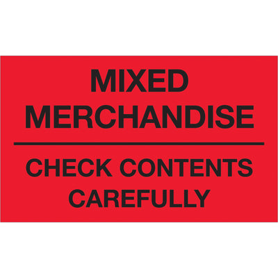 Internationally recognized 3x5" mixed merchandise labels in high-visibility fluorescent red. Printed on durable semi-gloss coated paper with 500 labels per roll. Compatible with table-top and wall-mount dispensers for rapid fulfillment workflows.