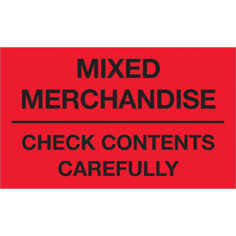 Internationally recognized 3x5" mixed merchandise labels in high-visibility fluorescent red. Printed on durable semi-gloss coated paper with 500 labels per roll. Compatible with table-top and wall-mount dispensers for rapid fulfillment workflows.