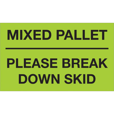 High-visibility 3x5" fluorescent green labels printed on semi-gloss coated paper for pallet breakdowns and mixed shipments. Internationally recognized for special handling compliance. Sold as 500-label rolls with compatible table-top and wall-mount dispensers available.